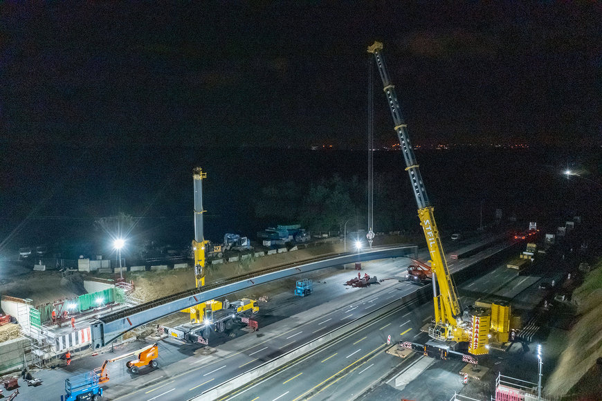 Nachts in Luxemburg: Liebherr-Kranduo hebt 92-Tonnen-Autobahnbrücke ein